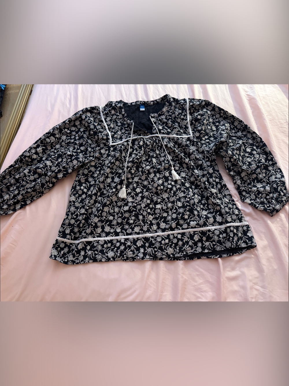 Old Navy Black Blouse with White Floral Print